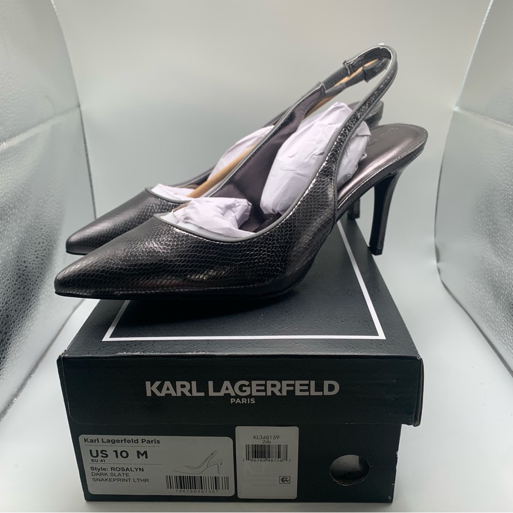 NWB Karl Lagerfeld Rosalyn Slingback Pump dark slate snake print size 10M EU 41 - Picture 2 of 9